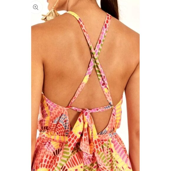FARM Rio Maxi Dress XL Mixed Prints Floral Tiered Strappy Halter Pink - Picture 4 of 16